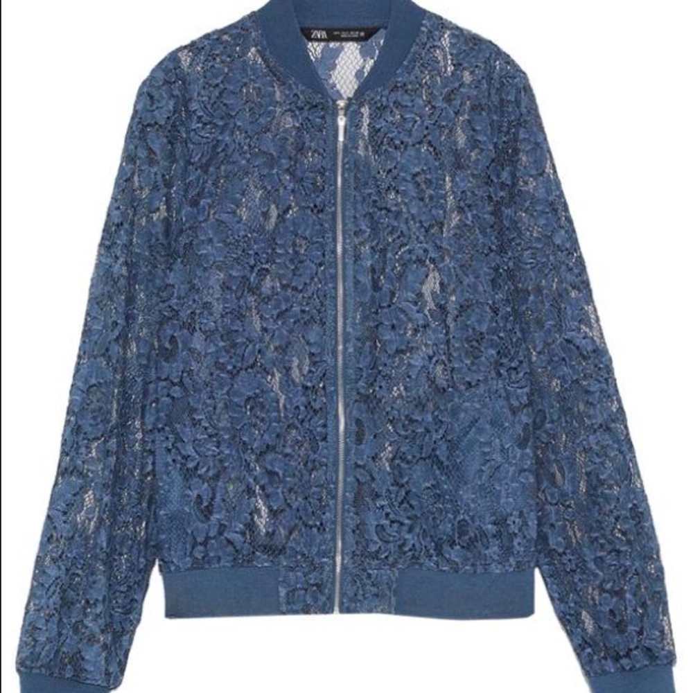 Zara Blue Semi-Sheer Lace Bomber Jacket